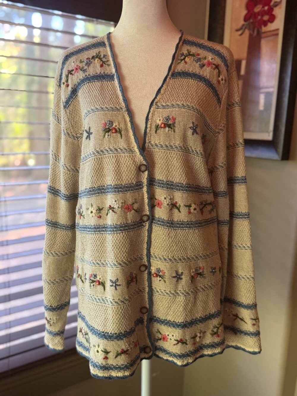 VTG Koret City Blues Cardigan Sweater Womens L/XL Cottage Core Embroidered